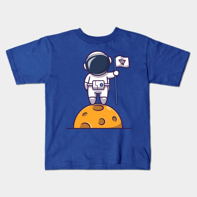 Cute Astronaut Standing On Moon And Holding Flag Cartoon Kids T-Shirt by Catalyst Labs